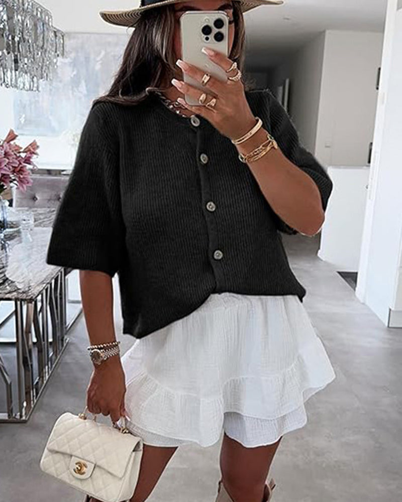 Pullover Cardigan Einfarbig Knopfleiste Kurzarm