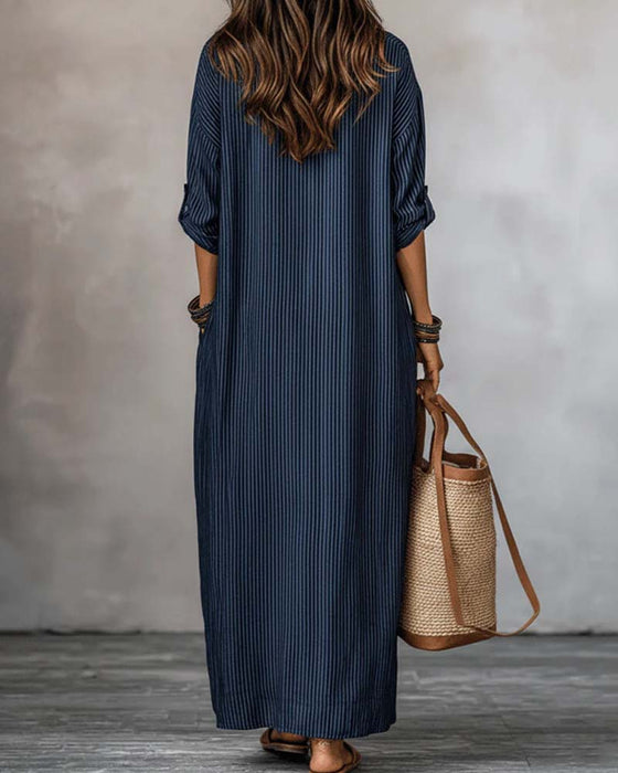 Kleid V-Ausschnitt Gestreift Mock Neck