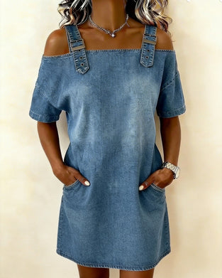 Kleid Schulterfrei Geknöpft Denim