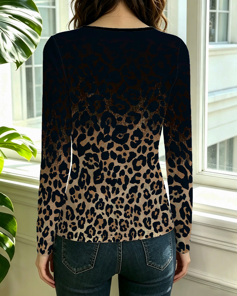 Top Hohl Rundhalsausschnitt Farbverlauf Leopardenprint
