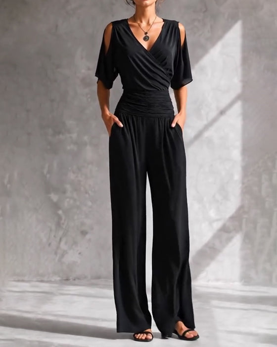 Jumpsuit V-Ausschnitt Crossover Kalte Schulter Taille Tasche