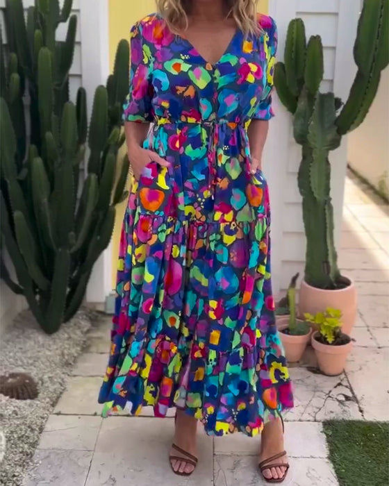 Kleid Laternenärmel Bindeband Bedruckter V-Ausschnitt