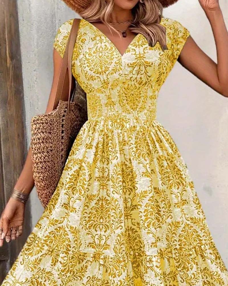 Kleid Retro Print V-Ausschnitt Tailliert Lang