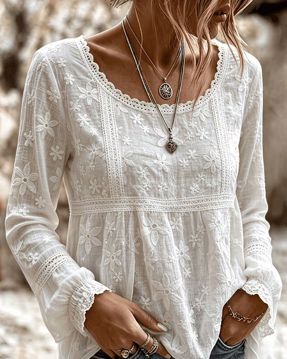Bluse Rundhals Rüsche Spitze