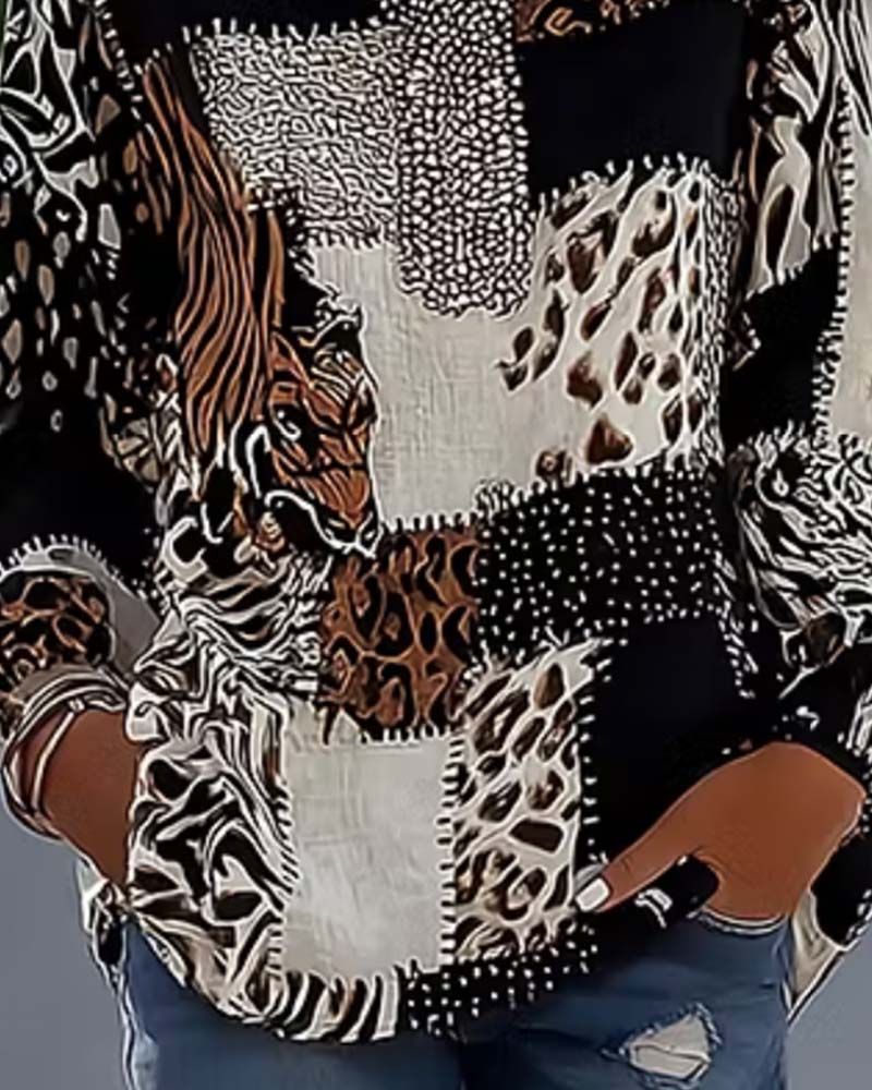 Bluse Mandarin Kragen Leopard Patchwork