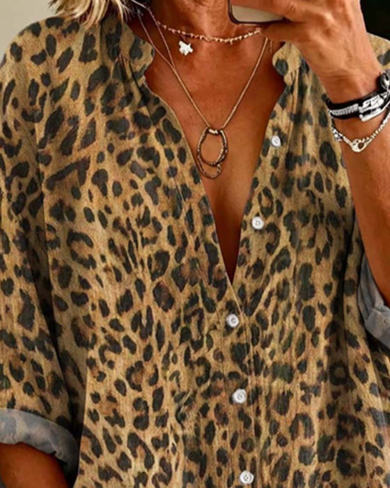 Hemd V-Ausschnitt Knopf Leopard Langarm