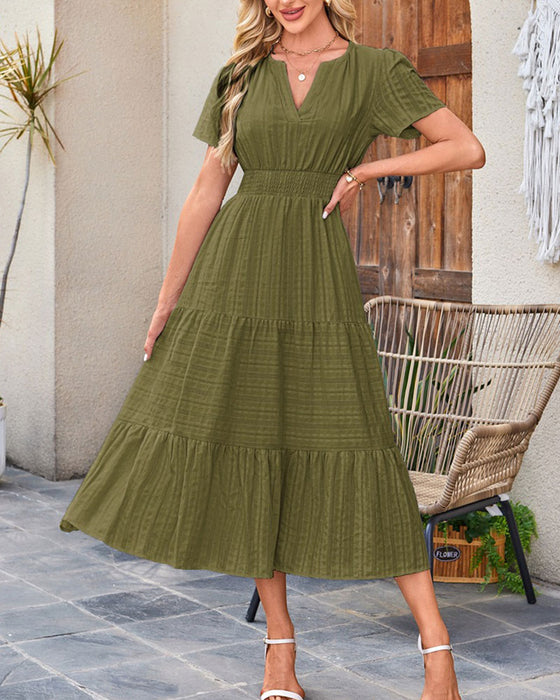 Kleid V-Ausschnitt Gerafft Puffärmel Kurzarm