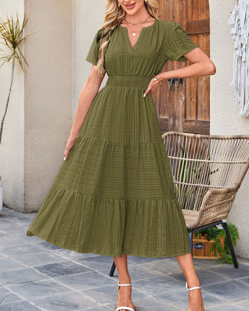 Kleid V-Ausschnitt Gerafft Puffärmel Kurzarm