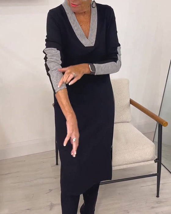 Kleid Farbblock V-Ausschnitt Gestrickt Midi