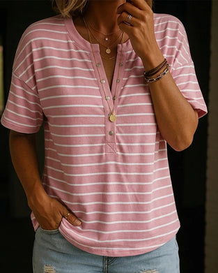 T-Shirt Horizontal Gestreift Henley Ausschnitt Kurzarm