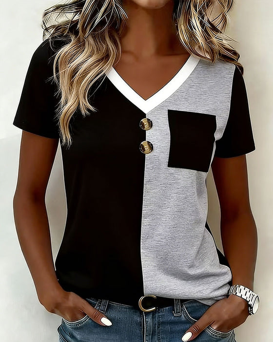 T-Shirt V-Ausschnitt Kontrast Tasche