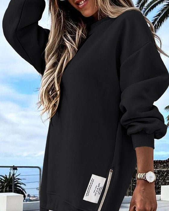 Lässiges Sweatshirtkleid Mit Langen Ärmeln, Reißverschluss Und Schlitz