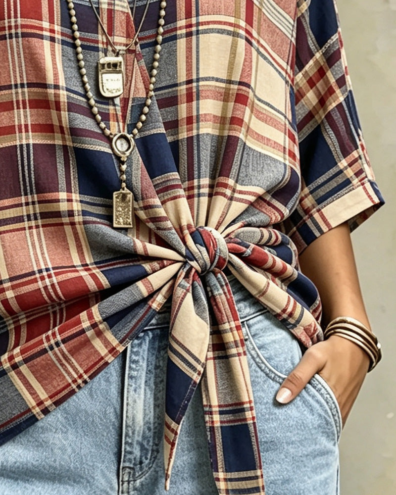 Bluse V-Ausschnitt Vornebinden Karo 3/4-Arm