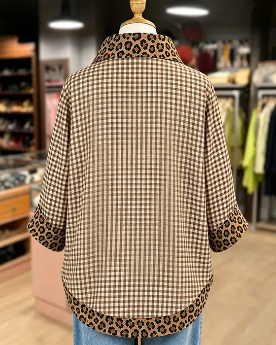 Bluse Revers Leopard Patchwork Karo