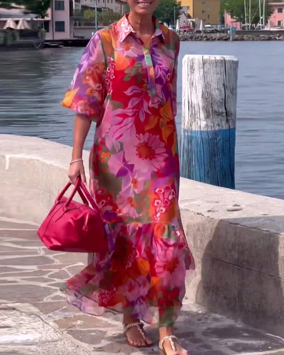 Kleid bunt bedruckt Laternenärmel locker