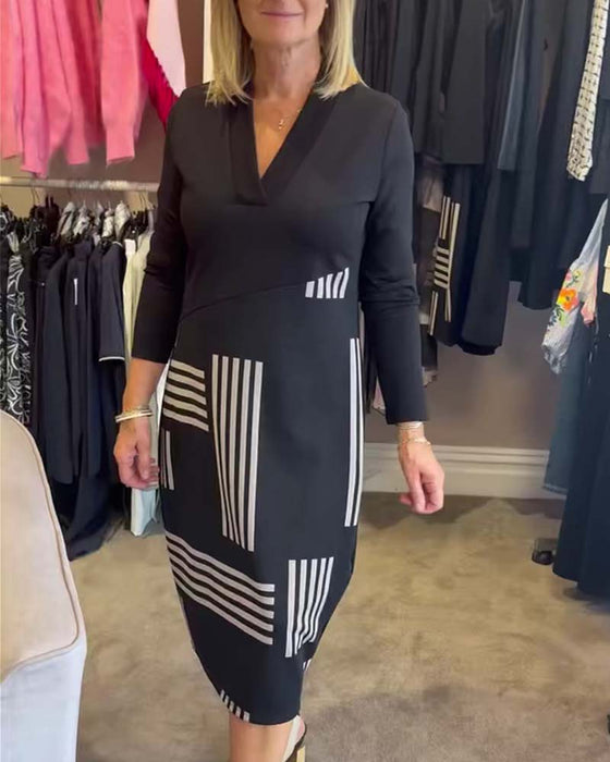 Kleid Geometrischer Streifen V-Ausschnitt Bodycon Midi