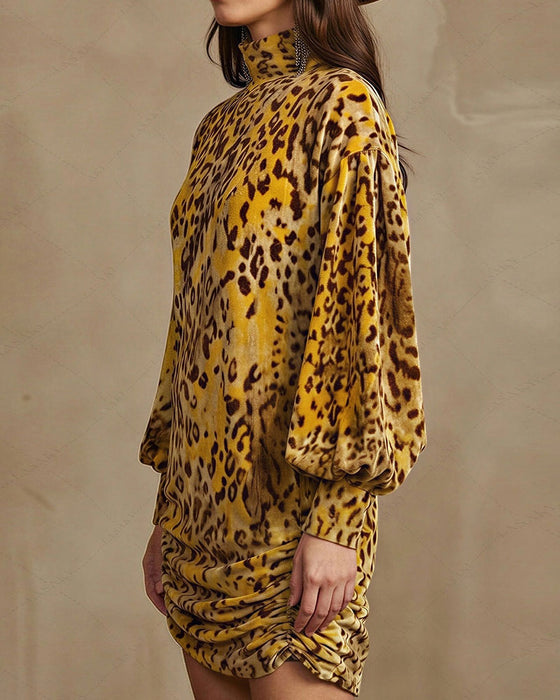 Kleid Hoher Hals Leopard Laternenärmel Elegant