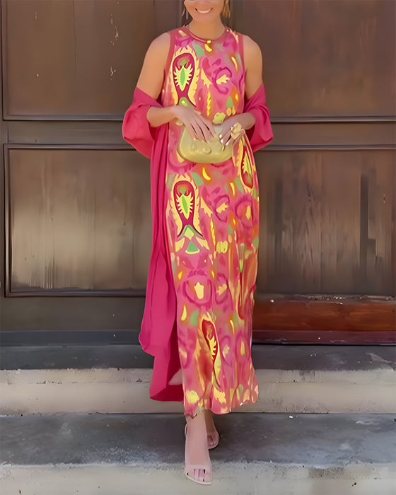 Set Ärmelloses Langes Kleid Mit Langer Strickjacke