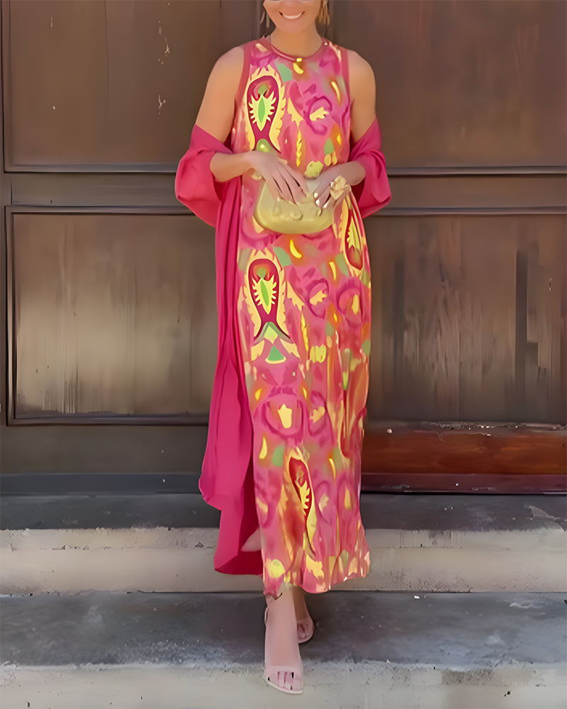 Set Ärmelloses Langes Kleid Mit Langer Strickjacke