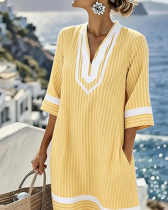 Kleid V-Ausschnitt Kurzarm Gestreift