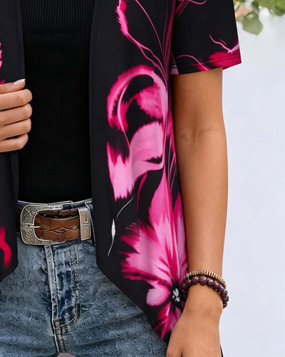 Bluse Schwarzer Basis Rosarot Blumen