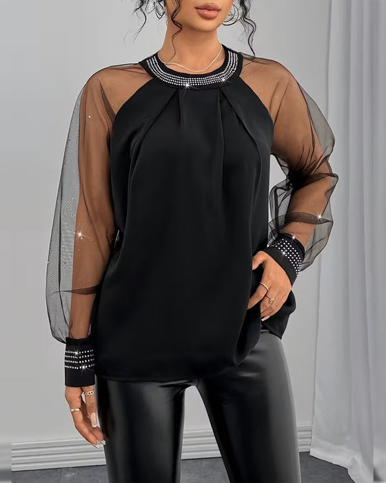 Bluse Heiß Strass Mesh Langarm Modisch