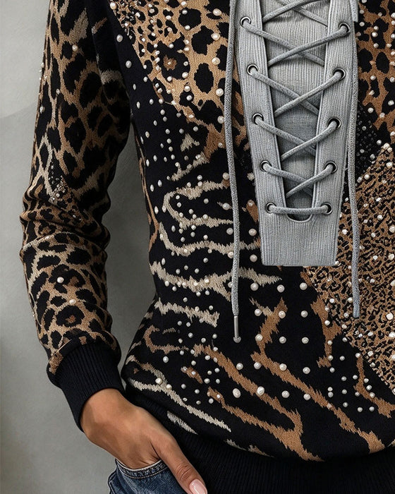 Sweatshirt Binden Leopard Patchwork Figurbetont
