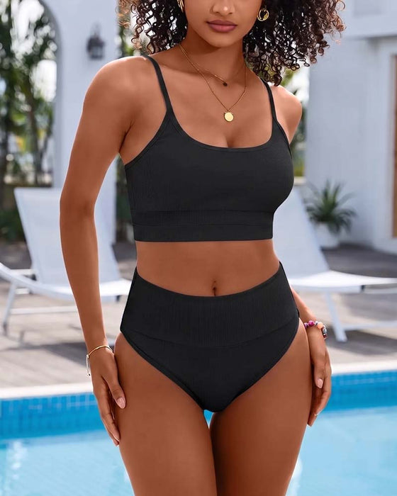 Bikini Unifarben U Ausschnitt Hohe Taille