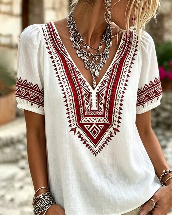 Bluse V-Ausschnitt Bohemian Puffärmel
