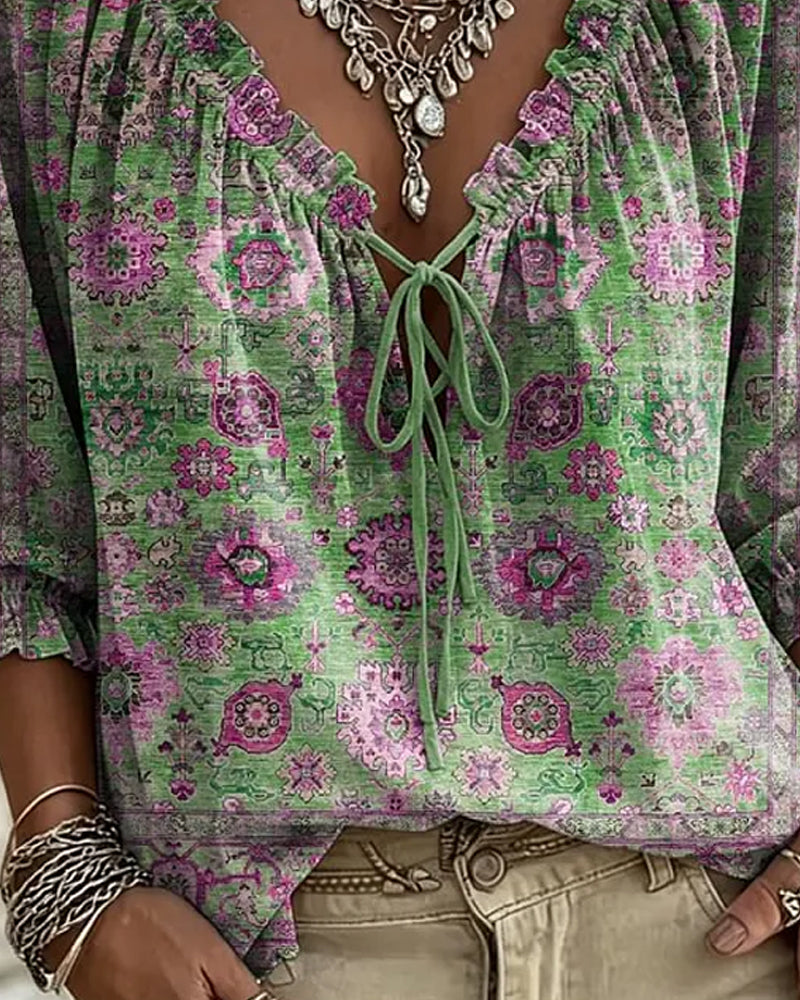 Bluse V-Ausschnitt Bindung Vintage Print