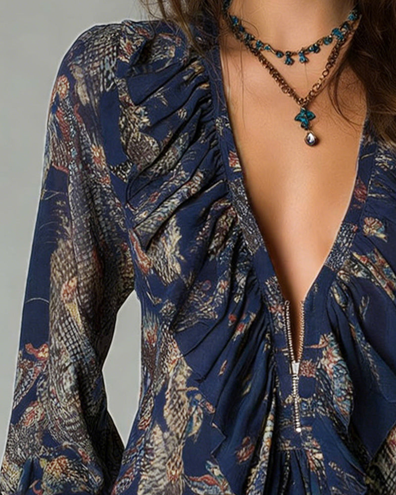 Bluse Tiefes V Rüschen Druck Elegant