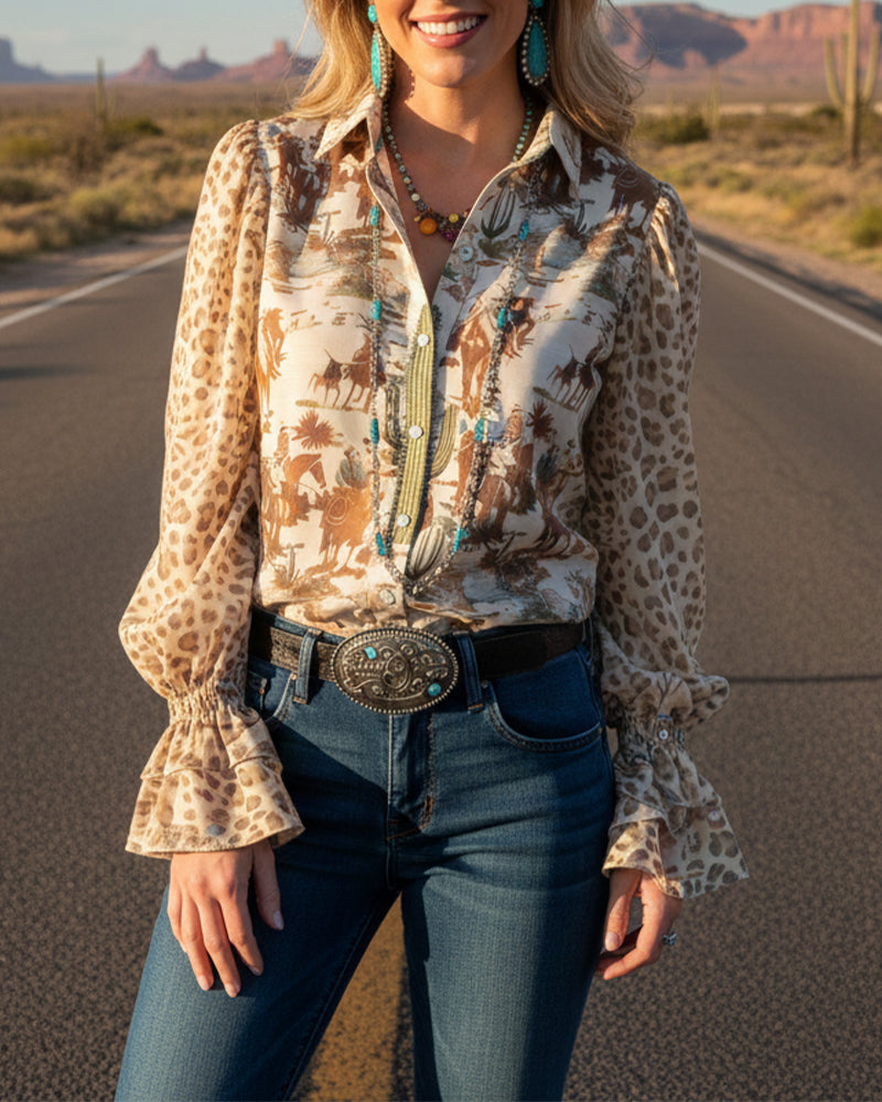 Hemd Revers Vintage Druck Puffärmel