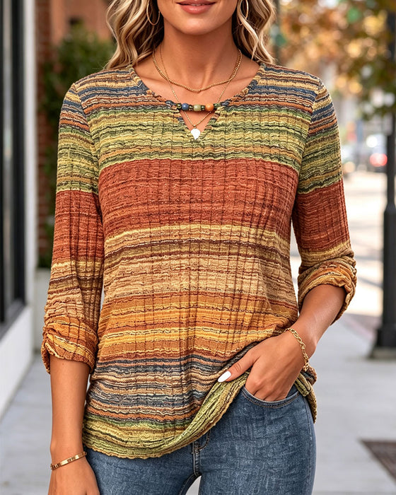 Top Vintage Gestreift Struktur Langarm