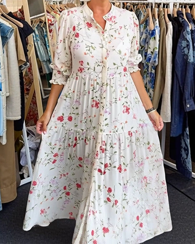 Kleid Stilvoll Blumenmuster Stehkragen