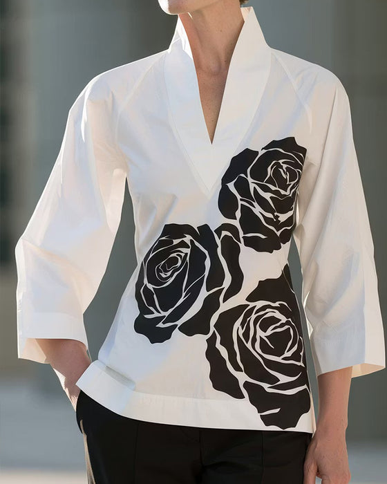 Bluse V-Ausschnitt Blumen Print