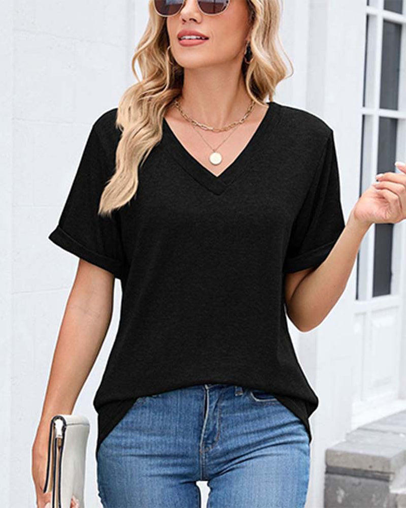 T-Shirt Einfarbig V-Ausschnitt Lässig Kurzarm