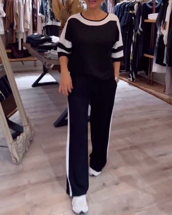 Set kurzärmlig Kontrastfarbe lässige gerade Hose