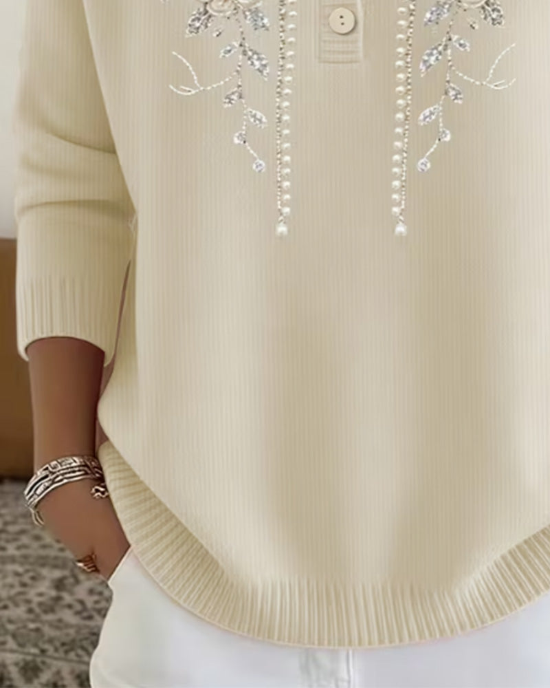 Sweatshirt Rundhals Knopfleiste Blumig Langarm