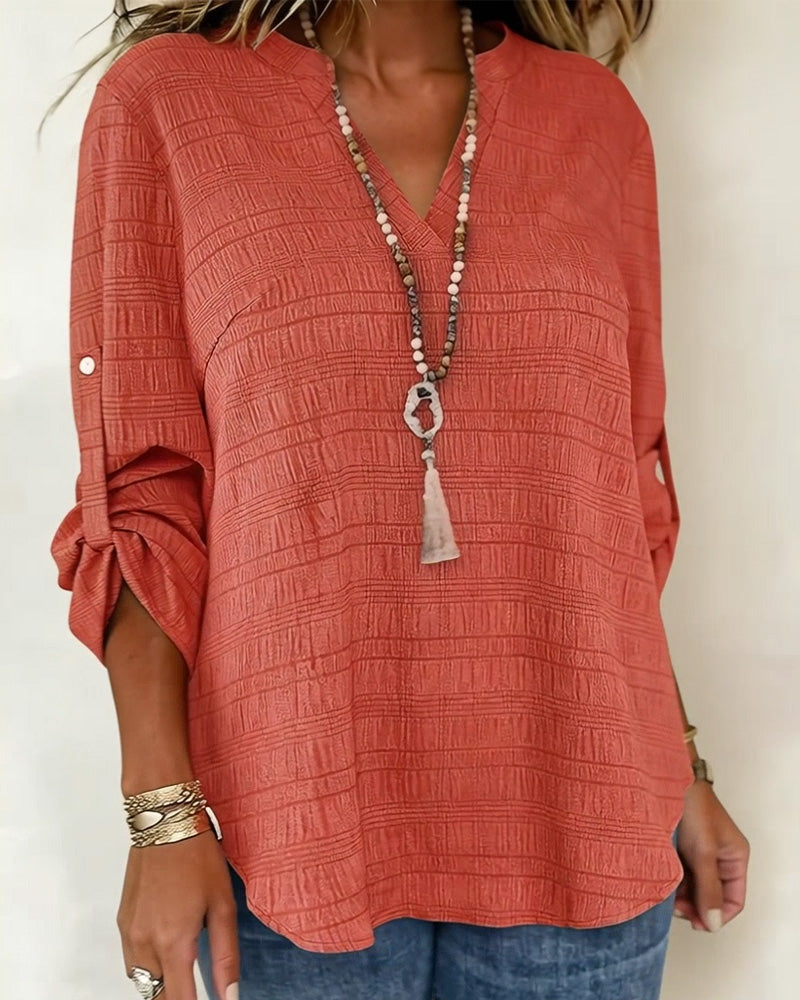 Top Strukturiert V-Ausschnitt Verstellbar Ärmel