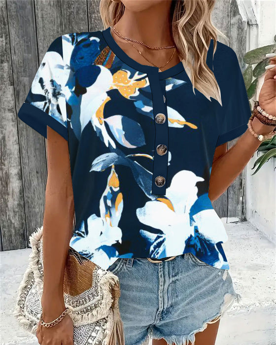 Bluse Rundhals Knopf Druck Allround