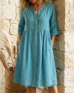 Kleid 100% Baumwolle Durchbrochen V-Ausschnitt Knopfleiste