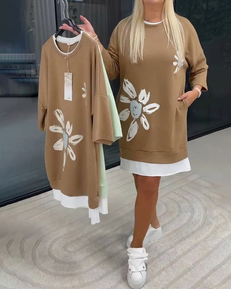 Sweatshirt-Kleid Rundhals bedruckt Patchwork