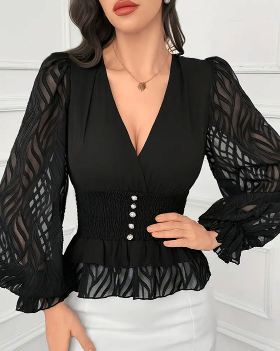 Französische V-Ausschnitt-Bluse Mit Patchwork