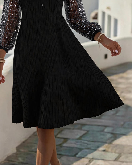 Kleid V-Ausschnitt Knopf Spitze Patchwork