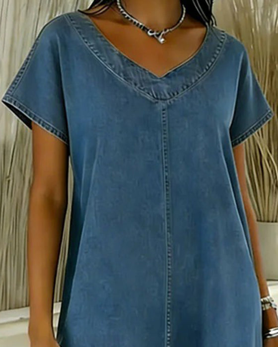 Kleid Lässig V-Ausschnitt Kurzarm Denim