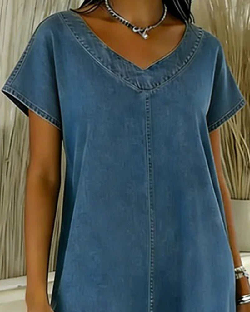 Kleid Lässig V-Ausschnitt Kurzarm Denim