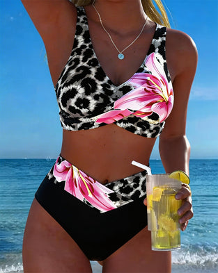 Bikini Leopard Druck Blumig Kontrastfarbe