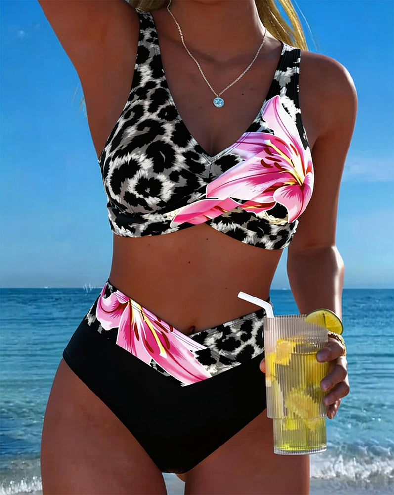 Bikini Leopard Druck Blumig Kontrastfarbe
