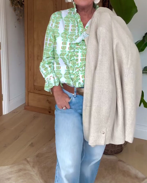 Bluse langärmlig mit Rüschen bedruckt lässig