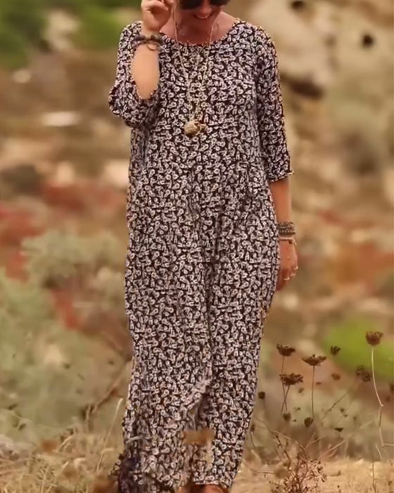 Modisches bedrucktes Kleid mit Rundhalsausschnitt